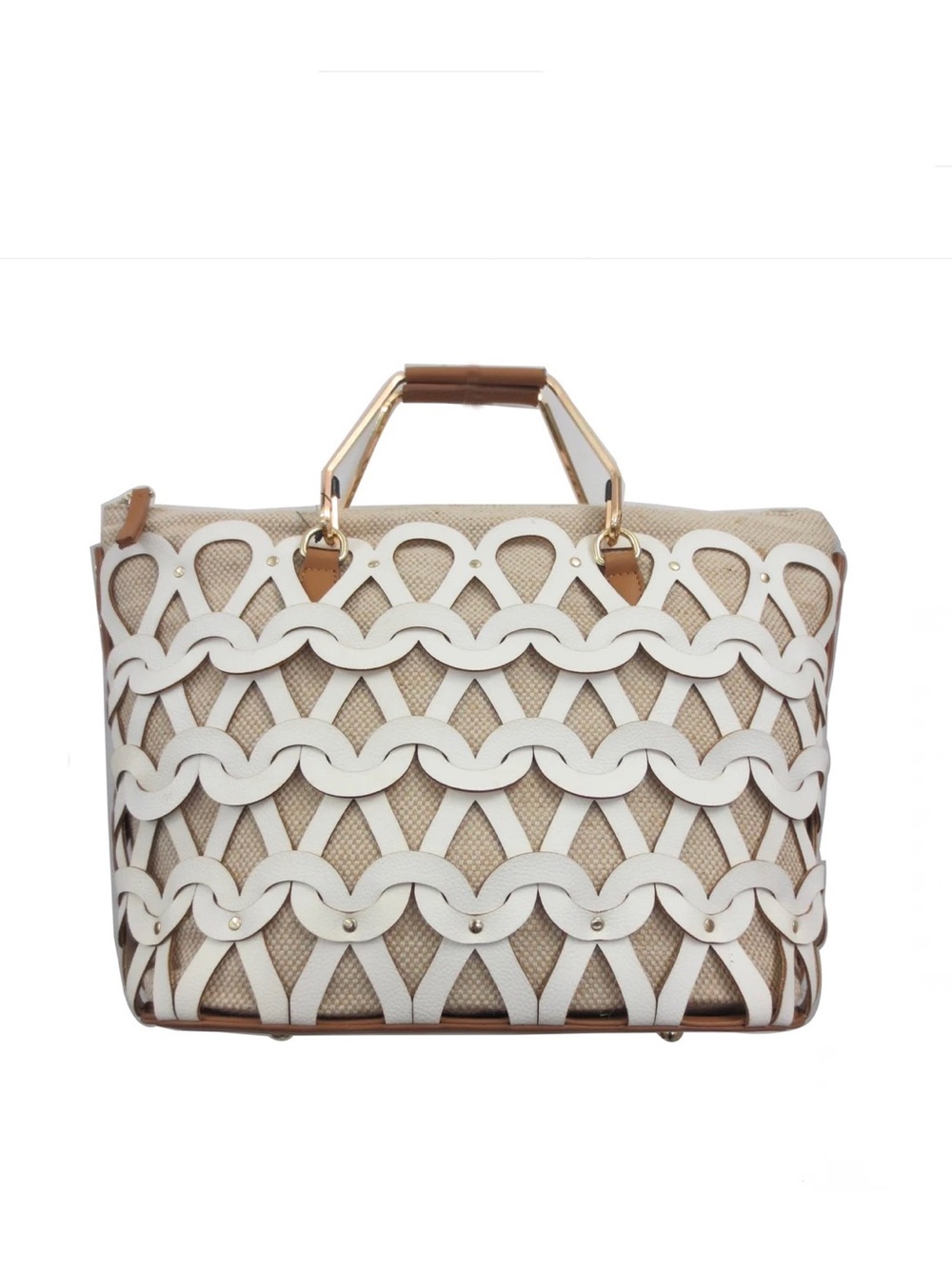 Sondra Roberts Beige and White Lattice Overlay Tote with Gold Hardware